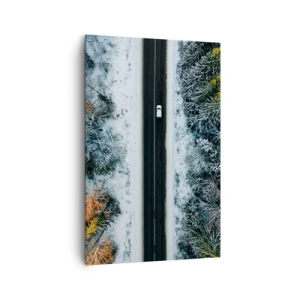 Obraz na płótnie - Droga przez zimowy las widziana z lotu ptaka - 80x120cm - Przeciąć zimowy las - Nowoczesna dekoracja ścienna do salonu i sypialni ARTTOR