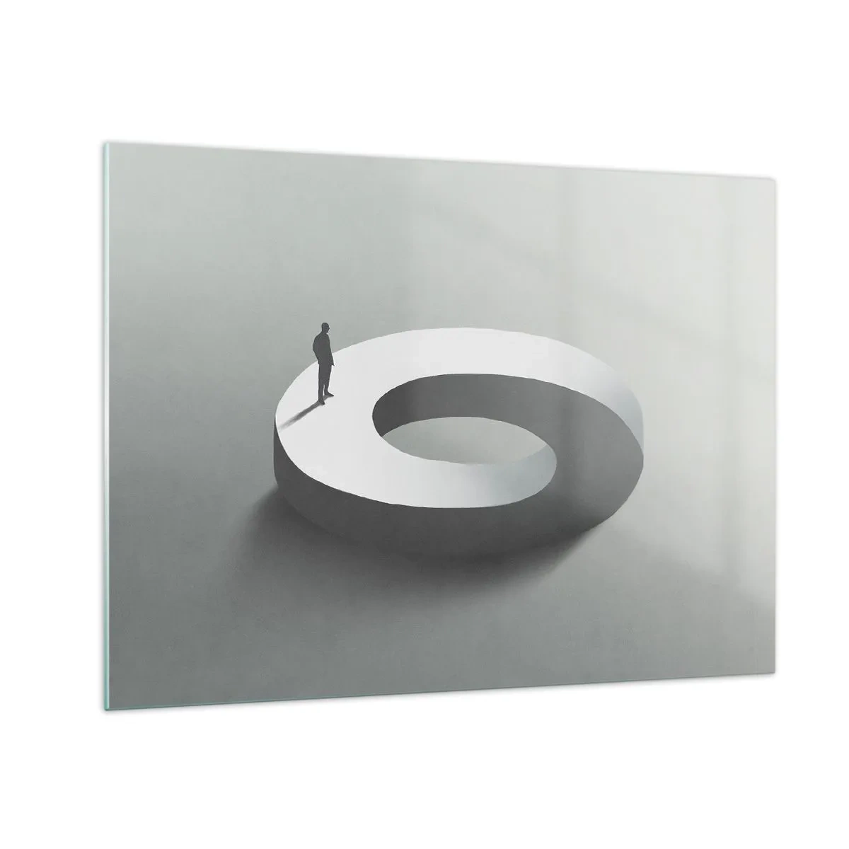 Obraz na szkle - Minimalistyczna sylwetka człowieka na białym pierścieniu - 70x50cm - I bądź tu mądry - Nowoczesna dekoracja ścienna do salonu i sypialni ARTTOR
