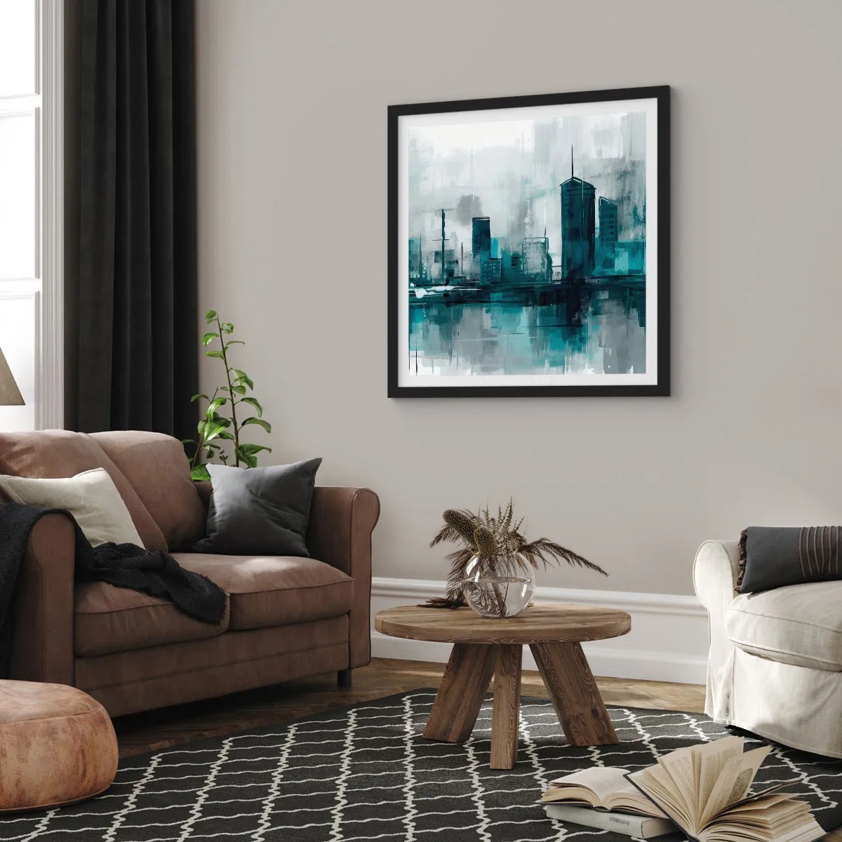 Plakat w czarnej ramie - Miasto w kolorze deszczu - 30x30 cm