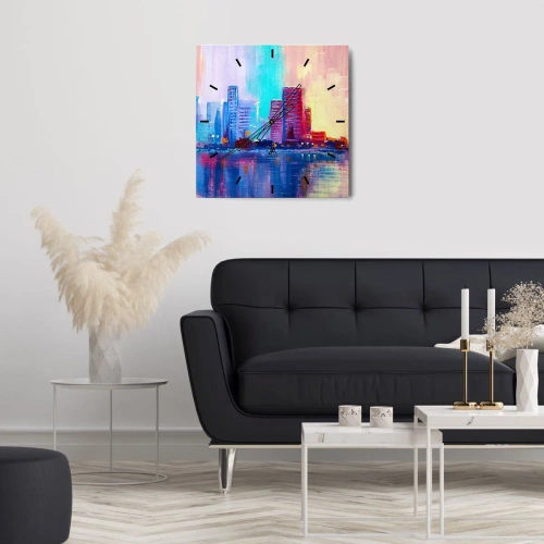 Zegar ścienny - Kolorowa panorama miasta w akwarelowym stylu - 30x30cm - Skąpane w barwach - Nowoczesna dekoracja ścienna do salonu i sypialni ARTTOR