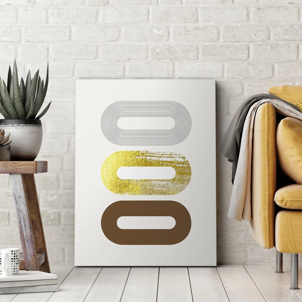 Obraz na płótnie - Abstrakcyjne formy geometryczne w odcieniach szarości, żółci i brązu - 50x70cm - Ooo! - Nowoczesna dekoracja ścienna do salonu, kuchni i sypialni ARTTOR