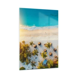 Obraz na szkle - Tropikalna plaża z palmami i parasolami w ujęciu z lotu ptaka - 50x70cm - Witaj w raju - Nowoczesna dekoracja ścienna do salonu, kuchni i sypialni ARTTOR