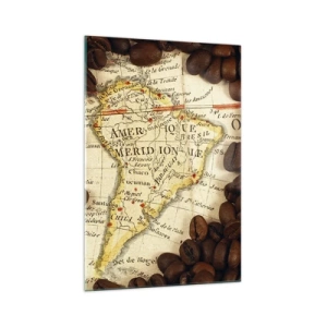 Obraz na szkle - Mapa Ameryki Południowej otoczona ziarnami kawy - 70x100cm - Skąd pochodzi najlepsza kawa? - Nowoczesna dekoracja ścienna do salonu i sypialni ARTTOR