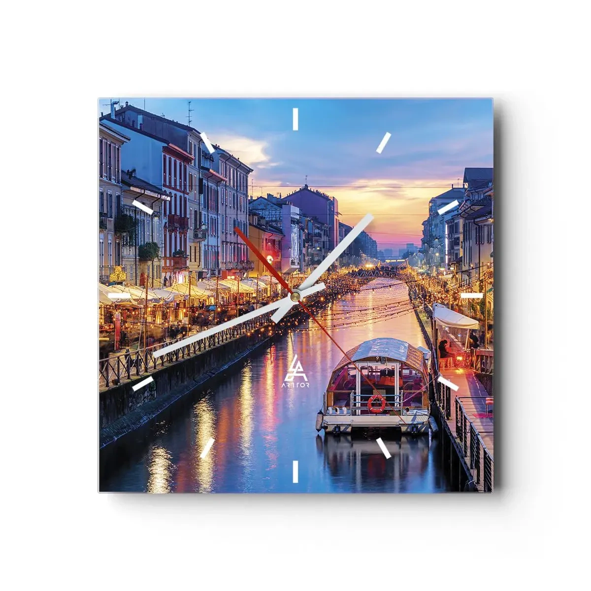 Zegar ścienny - Kanał z oświetleniem w otoczeniu kolorowych budynków - 30x30cm - Wieczór światła i zabawy - Nowoczesna dekoracja ścienna do salonu i sypialni ARTTOR