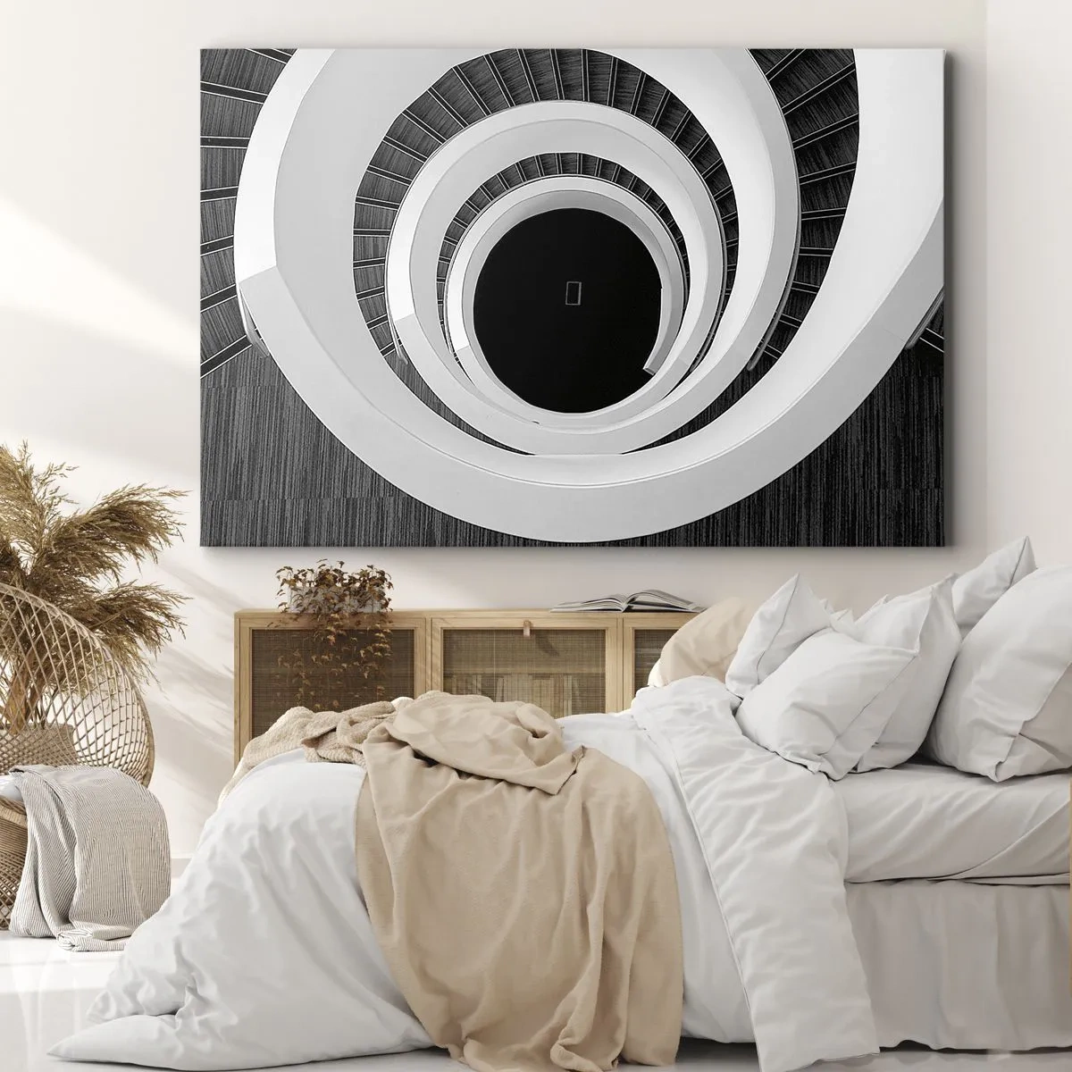Obraz na płótnie - Czarno-biała spirala schodów w nowoczesnym stylu - 70x50cm - Do istoty rzeczy - Nowoczesna dekoracja ścienna do salonu i sypialni ARTTOR