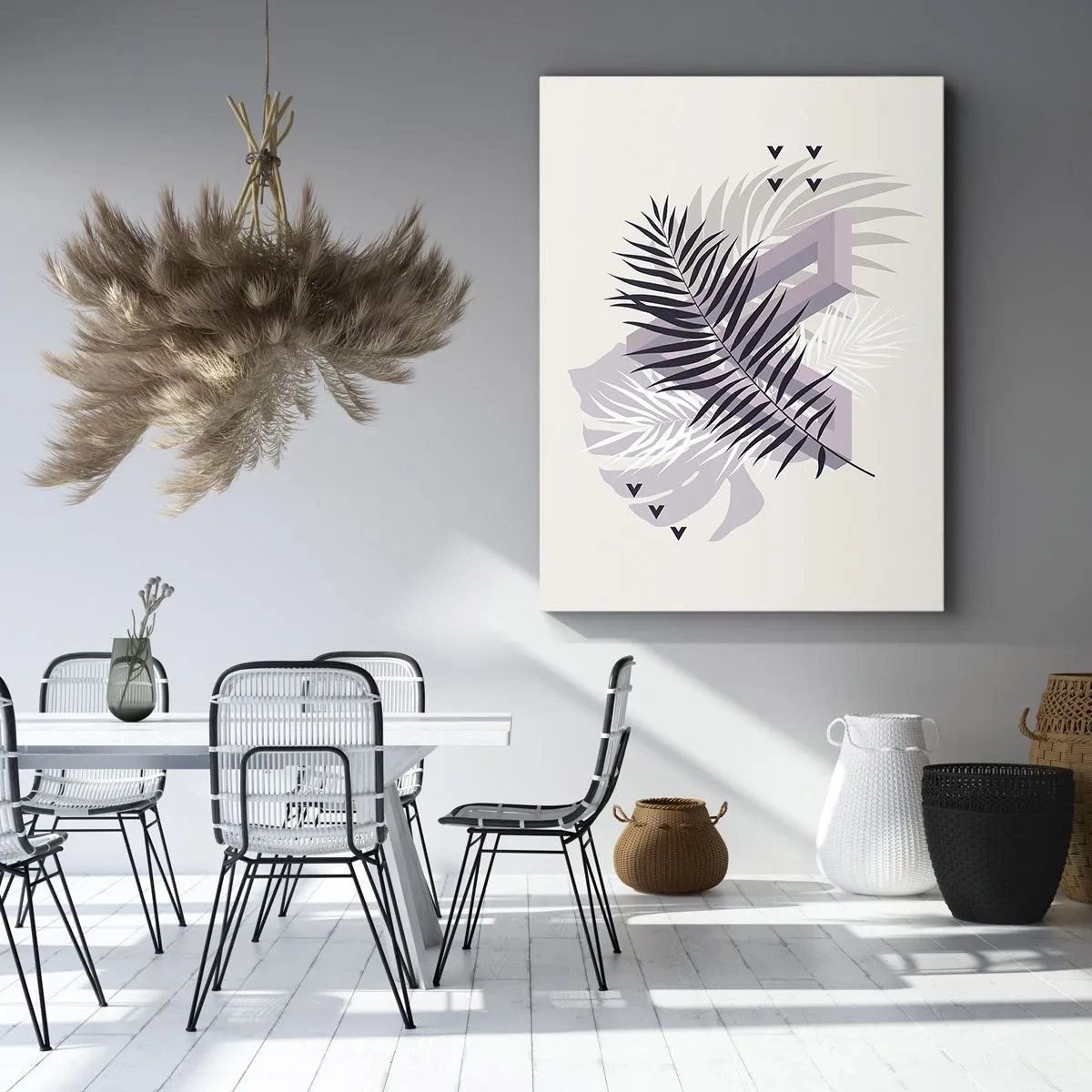 Obraz na płótnie - Minimalistyczna kompozycja z liśćmi i geometrycznymi kształtami - 70x100cm - Cień cienia - Nowoczesna dekoracja ścienna do salonu i sypialni ARTTOR