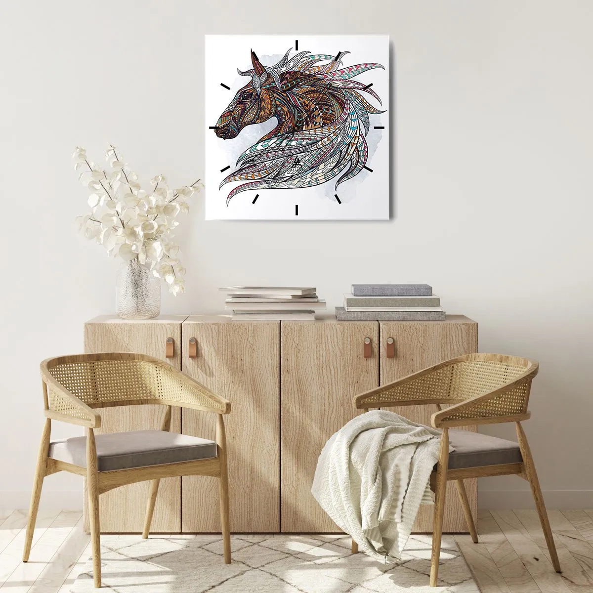 Zegar ścienny - Geometryczny koń z kolorową grzywą pełną detali - 30x30cm - Rumak celtyckiego wojownika - Nowoczesna dekoracja ścienna do salonu i sypialni ARTTOR