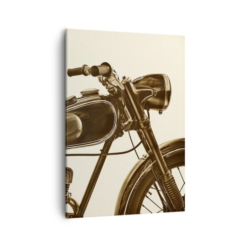 Obraz na płótnie - Retro motocykl w odcieniach sepii z eleganckimi detalami - 50x70cm - Tęsknota za klasyką - Nowoczesna dekoracja ścienna do salonu, kuchni i sypialni ARTTOR
