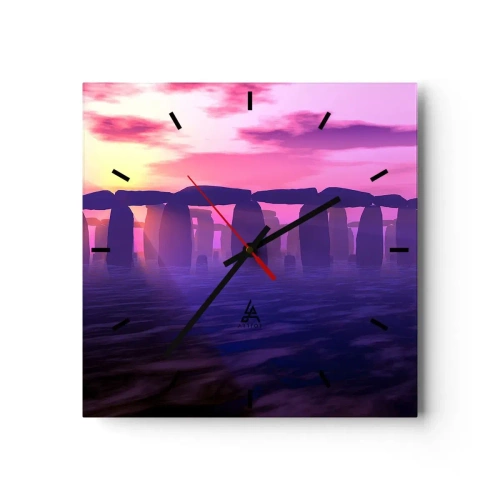 Zegar ścienny - Kamienny krąg o zachodzie słońca z fioletowym niebem - 30x30cm - Tajemnica o świcie we mgle - Nowoczesna dekoracja ścienna do salonu i sypialni ARTTOR