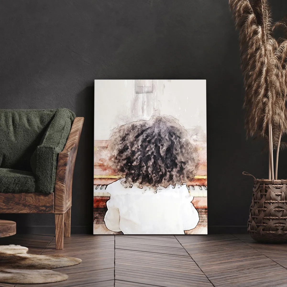 Obraz na płótnie - Dziecko z bujnymi kręconymi włosami siedzące przy pianinie, widziane od tyłu - 50x70cm - W nowym świecie - Nowoczesna dekoracja ścienna do salonu, kuchni i sypialni ARTTOR