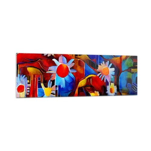 Obraz na szkle - Abstrakcyjne kwiaty na tle geometrycznych wzorów - 160x50cm - Kolory życia - Nowoczesna dekoracja ścienna do salonu i sypialni ARTTOR