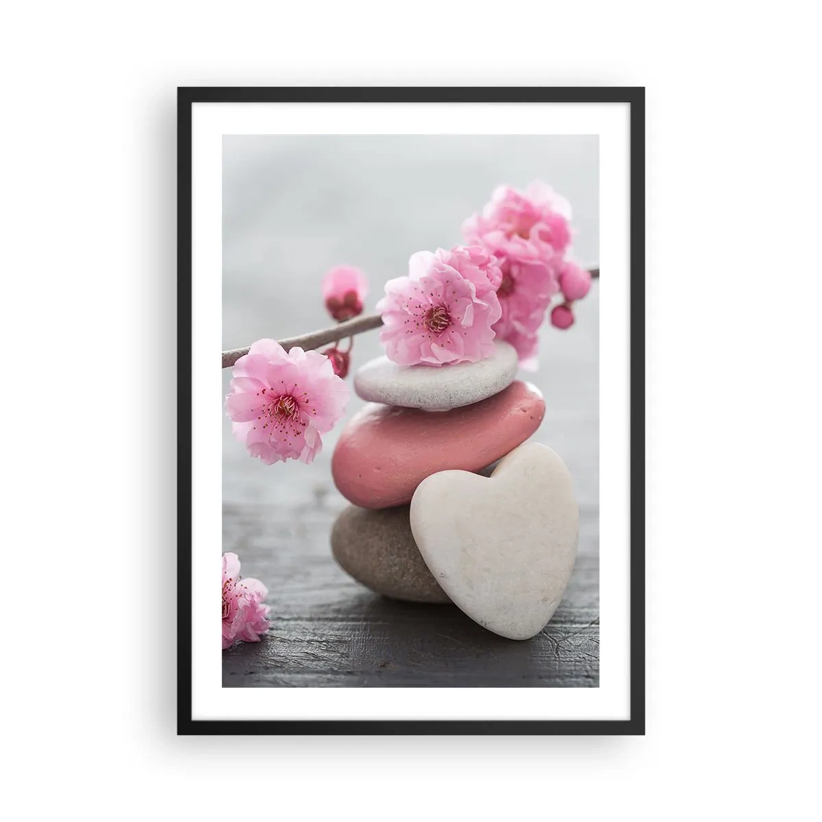 Plakat w czarnej ramie - Kamienie w kształcie serca z różowymi kwiatami wiśni - 50x70cm - Błogość z kwiatem wiśni - Nowoczesna dekoracja ścienna do salonu i sypialni ARTTOR