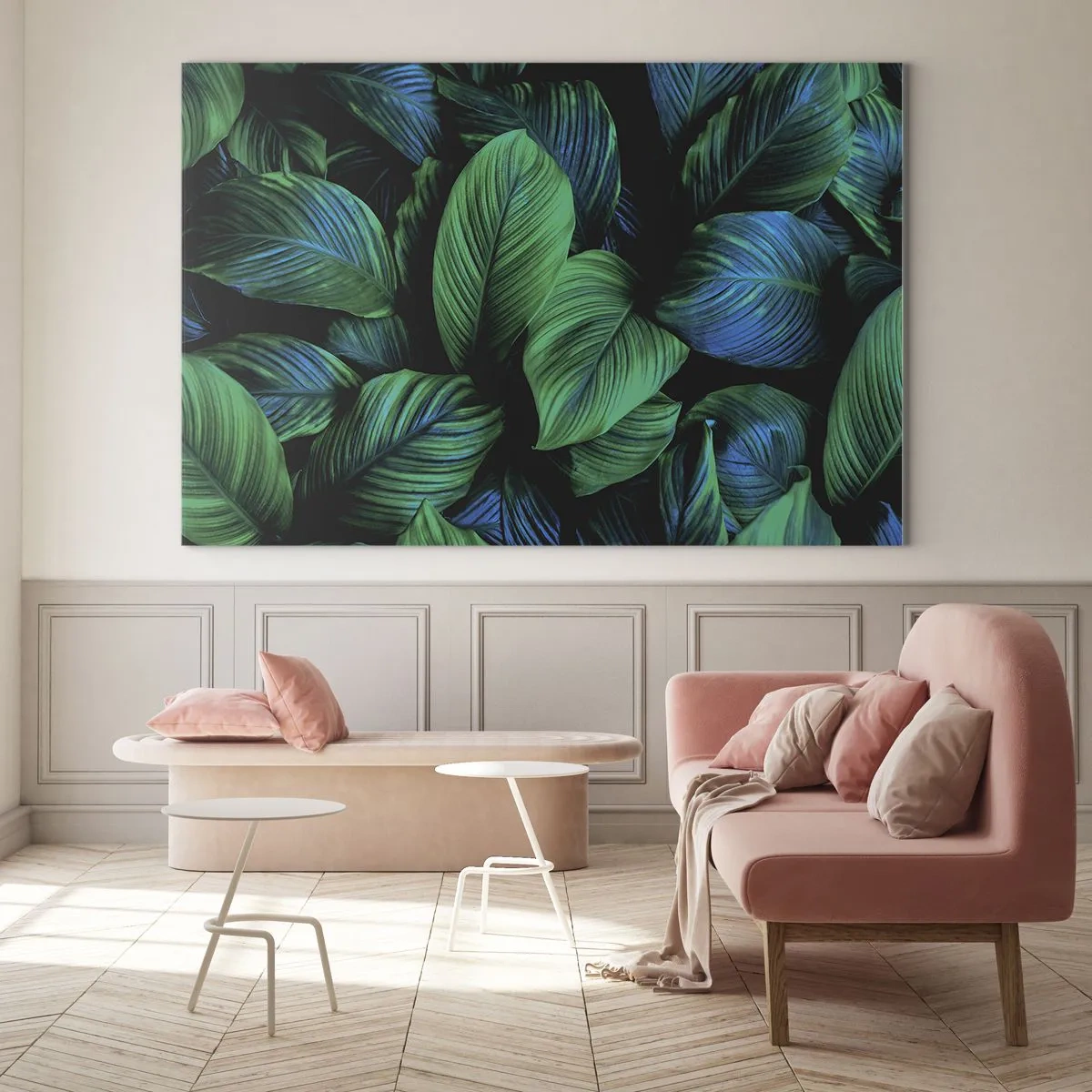 Obraz na szkle - Zbliżenie liści w intensywnych odcieniach zieleni - 70x50cm - W zielonym tłumie - Nowoczesna dekoracja ścienna do salonu i sypialni ARTTOR