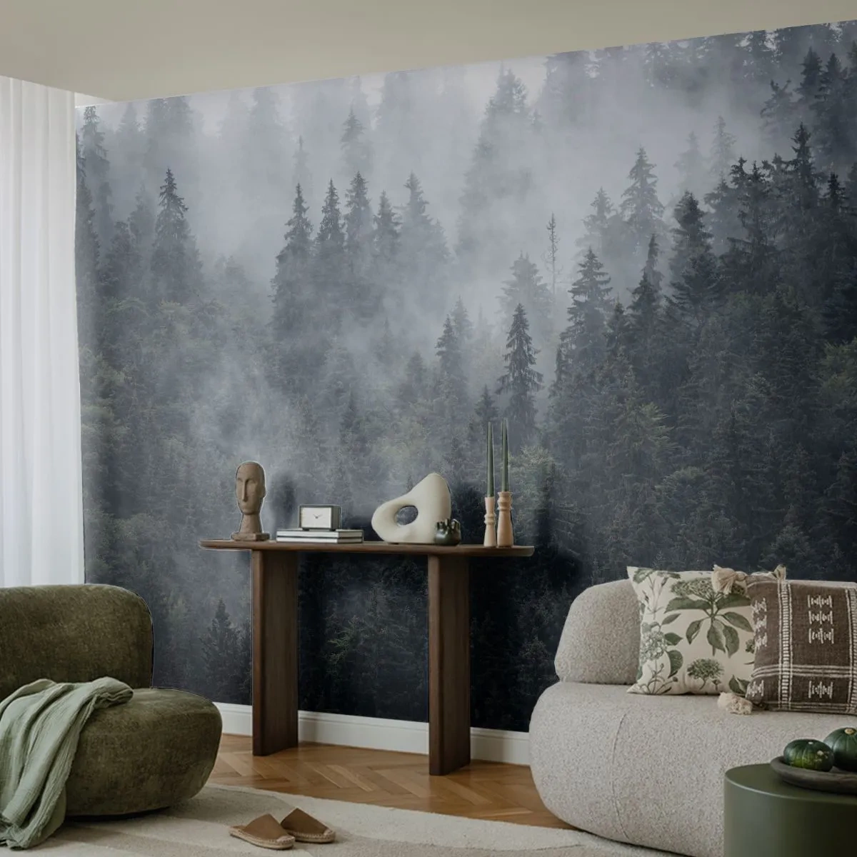 Fototapeta Premium Sand - Mglisty las iglasty w tajemniczej scenerii - 100x70cm - Leśny świt - Nowoczesna dekoracja ścienna do salonu, kuchni i sypialni ARTTOR