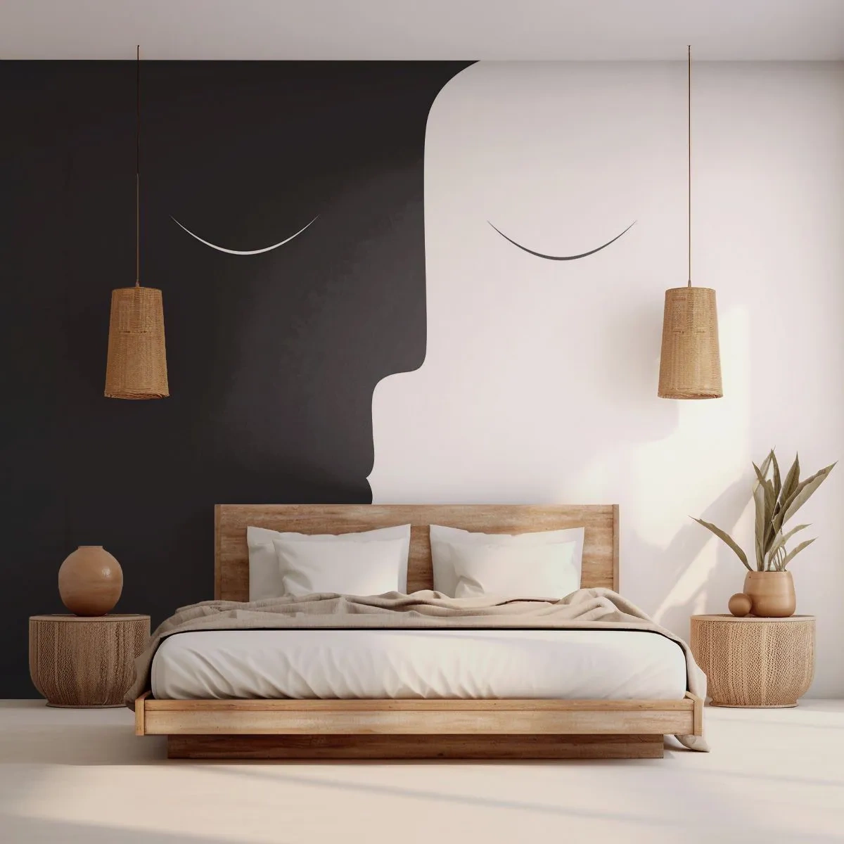 Fototapeta Premium Sand - Minimalistyczne twarze w czerni i bieli tworzące kontrast - 100x70cm - Jedność przeciwieństw - Nowoczesna dekoracja ścienna do salonu, kuchni i sypialni ARTTOR