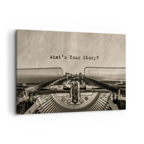Obraz na płótnie - Maszyna do pisania z napisem What’s Your Story? - 120x80cm - Opowiedz mi - Nowoczesna dekoracja ścienna do salonu, kuchni i sypialni ARTTOR