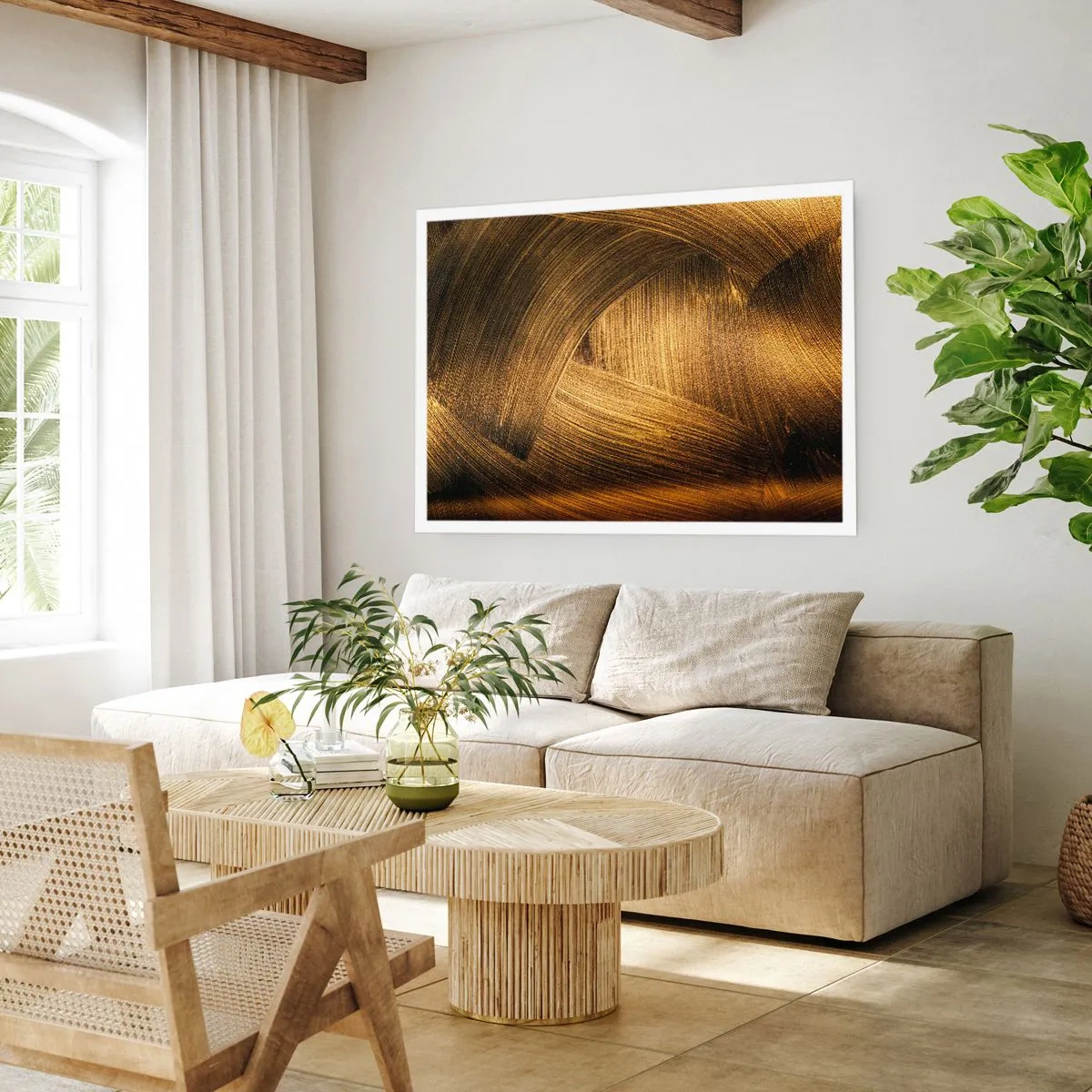 Plakat - Złote abstrakcyjne pociągnięcia pędzla - 100x70cm - W złotym labiryncie - Nowoczesna dekoracja ścienna do salonu i sypialni ARTTOR