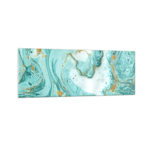 Obraz na szkle - Turkusowy marmur z akcentami złota w abstrakcyjnej kompozycji - 140x50cm - Pod wielką falą z epoki Edo - Nowoczesna dekoracja ścienna do salonu i sypialni ARTTOR