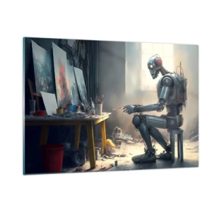 Obraz na szkle - Robot malujący obrazy w artystycznej pracowni - 120x80cm - Akt kreacji - Nowoczesna dekoracja ścienna do salonu, kuchni i sypialni ARTTOR