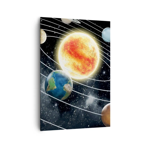 Obraz na płótnie - Układ słoneczny z planetami i słońcem w przestrzeni kosmicznej - 70x100cm - Kosmiczny taniec - Nowoczesna dekoracja ścienna do salonu i sypialni ARTTOR