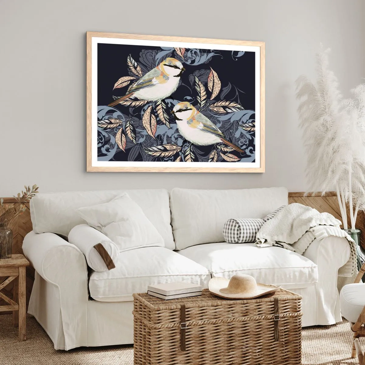 Plakat w ramie jasny dąb - Żółto-błękitny trel - 70x50 cm