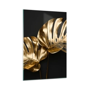 Obraz na szkle - Złote liście monstery na czarnym tle - 80x120cm - Skarby natury - Nowoczesna dekoracja ścienna do salonu i sypialni ARTTOR