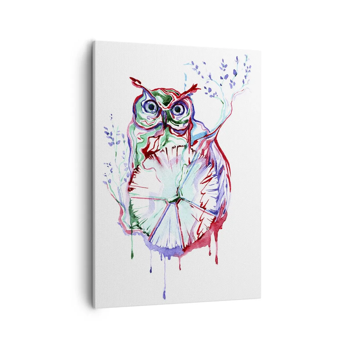 Obraz na płótnie - Abstrakcyjna sowa z akwarelowymi akcentami w odcieniach zieleni i czerwieni - 50x70cm - Mądra z natury - Nowoczesna dekoracja ścienna do salonu, kuchni i sypialni ARTTOR