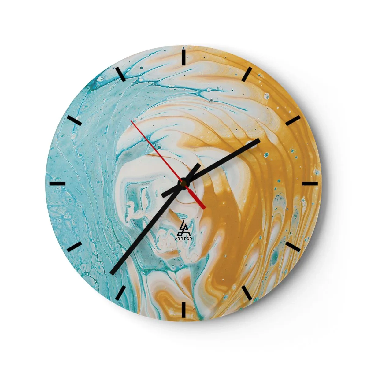 Zegar ścienny - Abstrakcyjny wir w odcieniach błękitu, bieli i pomarańczu - 30x30cm - Pastelowy wir - Nowoczesna dekoracja ścienna do salonu, kuchni i sypialni ARTTOR