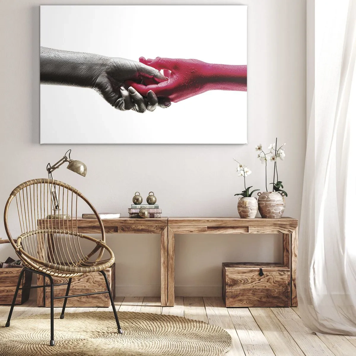 Obraz na płótnie - Symboliczne dłonie w srebrnym i czerwonym kolorze - 70x50cm - Razem, choć inni - Nowoczesna dekoracja ścienna do salonu i sypialni ARTTOR
