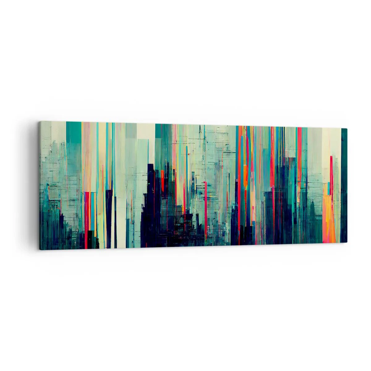 Obraz na płótnie - Abstrakcja z pionowymi liniami i miejską panoramą - 140x50cm - Futurystyczne miasto - Nowoczesna dekoracja ścienna do salonu i sypialni ARTTOR