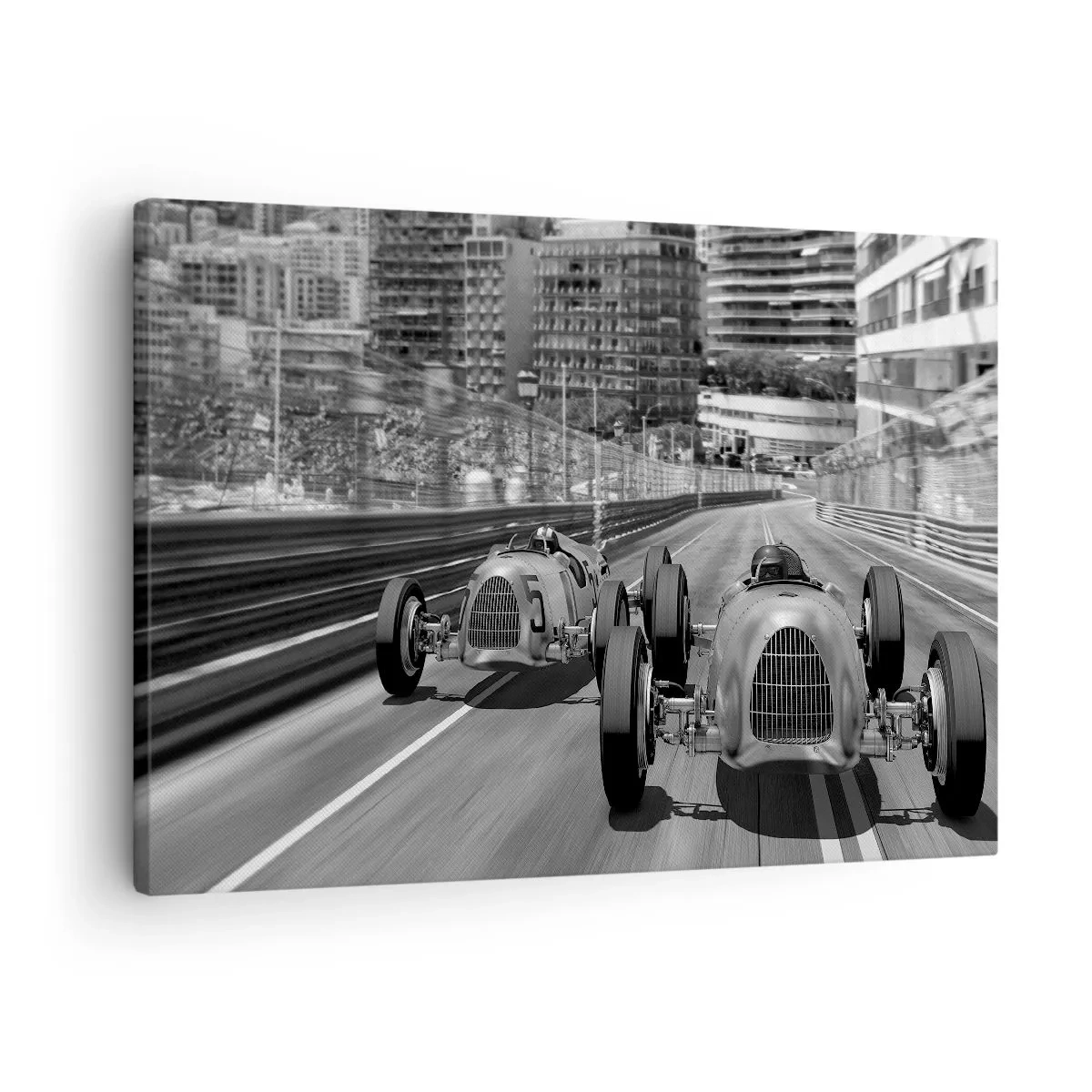 Obraz na płótnie - Monochromatyczna scena wyścigu retro samochodów - 70x50cm - Dawno temu w Monte Carlo - Nowoczesna dekoracja ścienna do salonu i sypialni ARTTOR