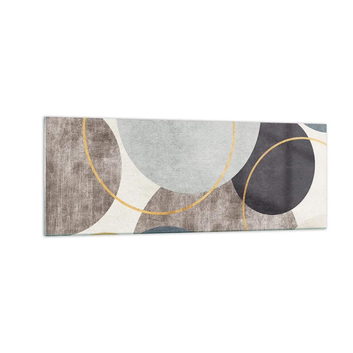 Obraz na szkle - Geometryczne okręgi w odcieniach szarości, błękitu i złota - 140x50cm - Koło za kołem - Nowoczesna dekoracja ścienna do salonu i sypialni ARTTOR