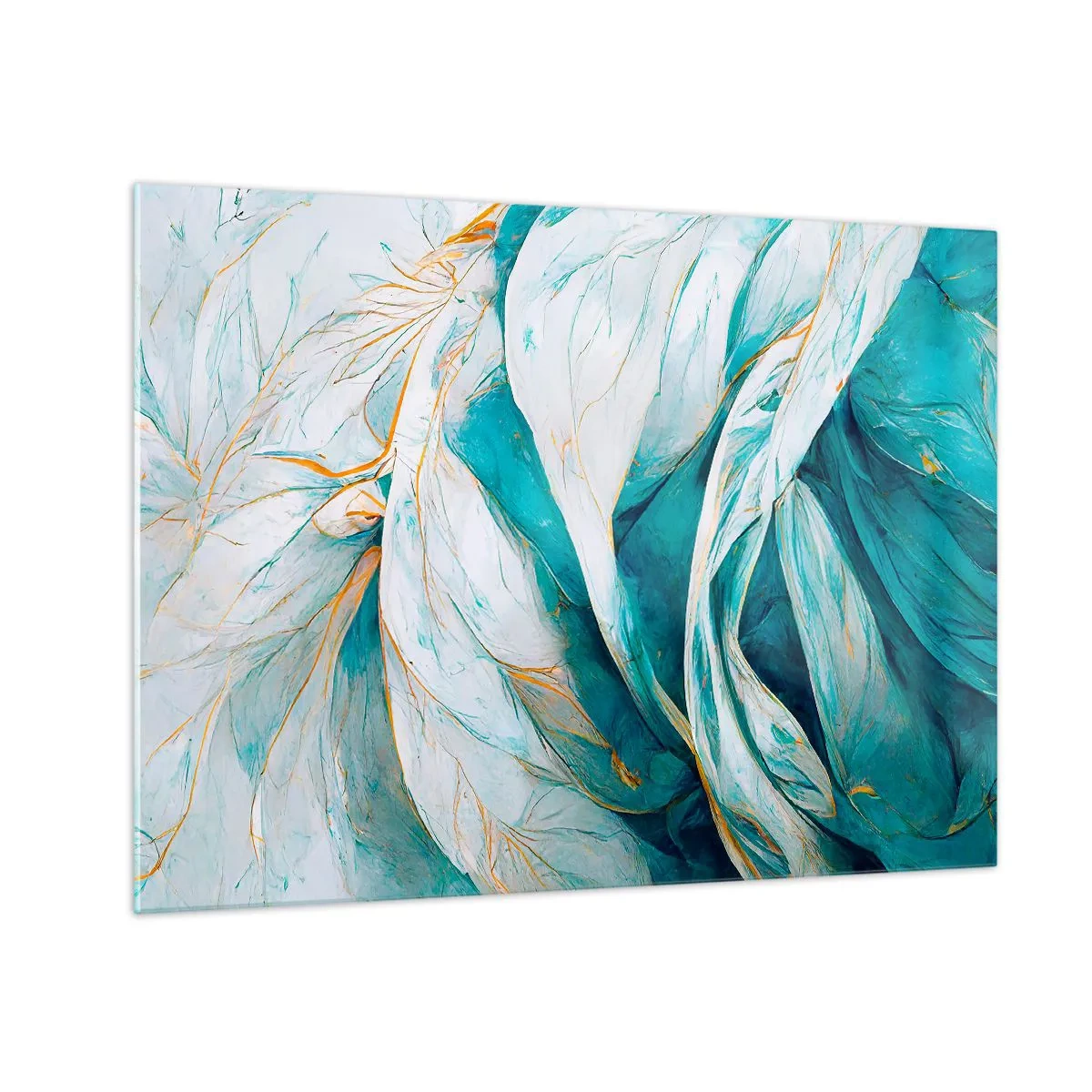 Obraz na szkle - Organiczna abstrakcja w błękitach i złotych liniach - 70x50cm - Błękitna abstrakcja z motywem złota - Nowoczesna dekoracja ścienna do salonu i sypialni ARTTOR
