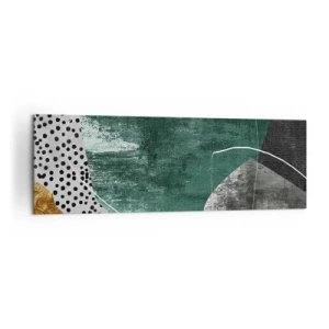 Obraz na płótnie - Abstrakcyjna kompozycja z zielonymi kształtami i wzorami kropek - 160x50cm - Barwna abstrakcja z płatkiem złota - Nowoczesna dekoracja ścienna do salonu i sypialni ARTTOR