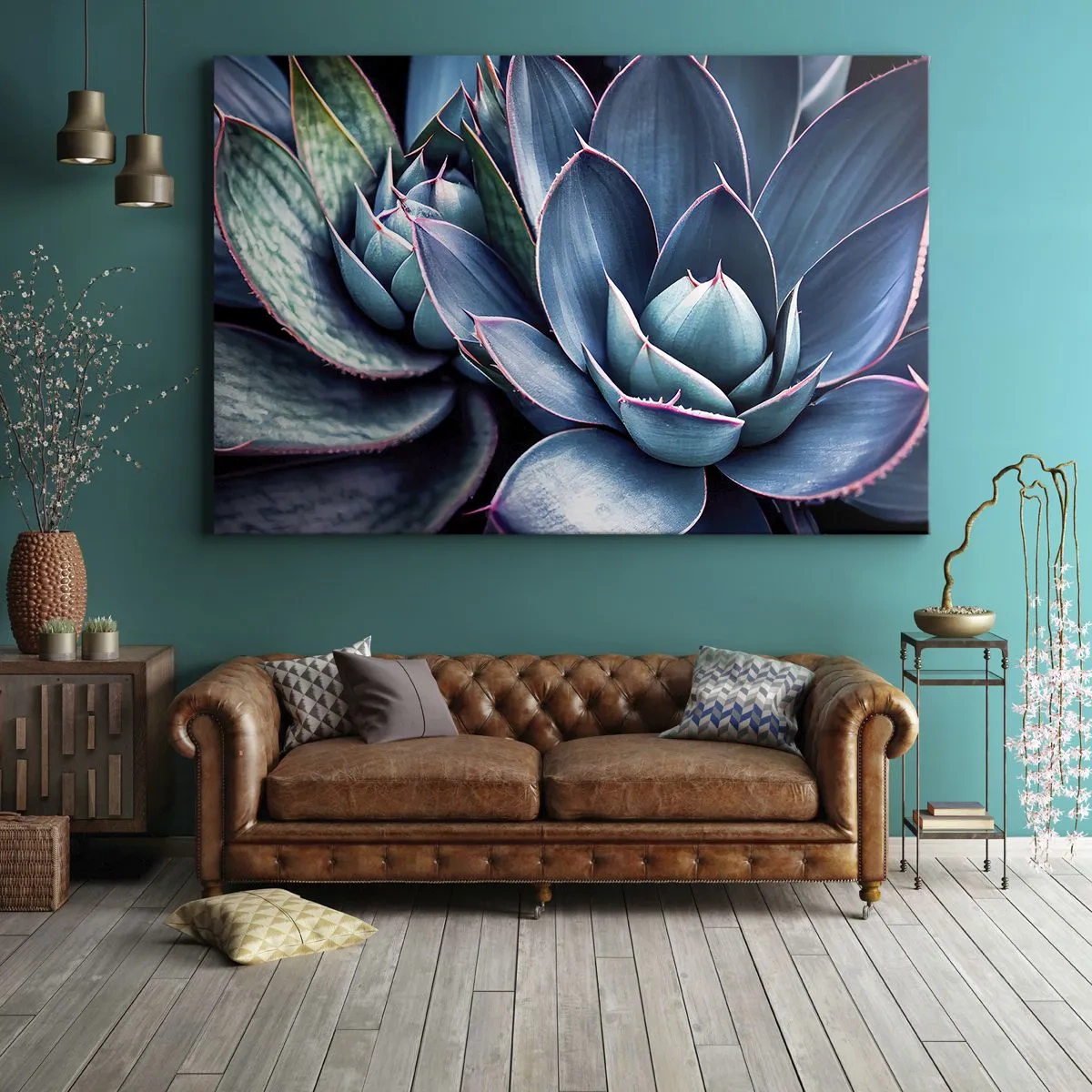 Obraz na płótnie - Agawa w odcieniach niebieskiego i zielonego z różowymi akcentami - 70x50cm - Witalna siła - Nowoczesna dekoracja ścienna do salonu i sypialni ARTTOR