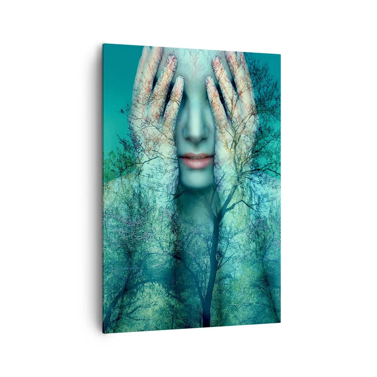 Obraz na płótnie - Postać kobiety z motywem drzew na tle turkusowego krajobrazu - 70x100cm - Zanurzona w błękicie - Nowoczesna dekoracja ścienna do salonu i sypialni ARTTOR