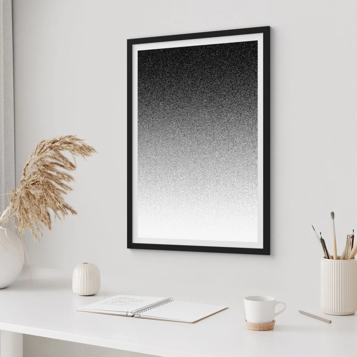 Plakat w czarnej ramie - Minimalistyczny gradient czerni i bieli w punktowym wzorze - 50x70cm - W stronę światła - Nowoczesna dekoracja ścienna do salonu i sypialni ARTTOR