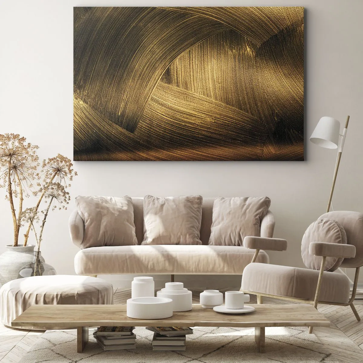 Obraz na płótnie - Złote abstrakcyjne pociągnięcia pędzla - 120x80cm - W złotym labiryncie - Nowoczesna dekoracja ścienna do salonu, kuchni i sypialni ARTTOR
