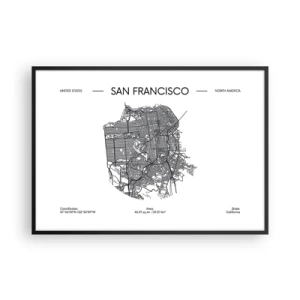 Plakat w czarnej ramie - Mapa San Francisco w czarno-białym stylu minimalistycznym - 100x70cm - Anatomia San Francisco - Nowoczesna dekoracja ścienna do salonu i sypialni ARTTOR