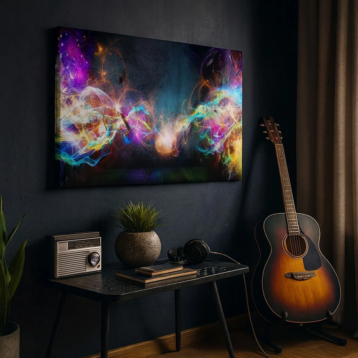 Obraz na płótnie - Kolorowe rozbłyski światła w abstrakcyjnej kompozycji - 70x50cm - Radośnie przeciw ciemności - Nowoczesna dekoracja ścienna do salonu i sypialni ARTTOR