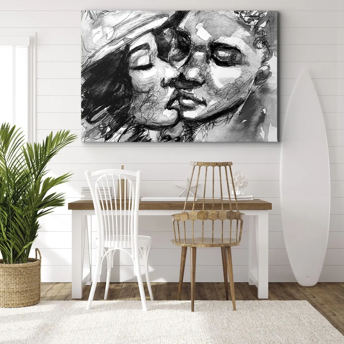 Obraz na płótnie - Czarno-biała akwarela przedstawiająca intymny moment dwóch osób - 70x50cm - Czuła chwila - Nowoczesna dekoracja ścienna do salonu i sypialni ARTTOR
