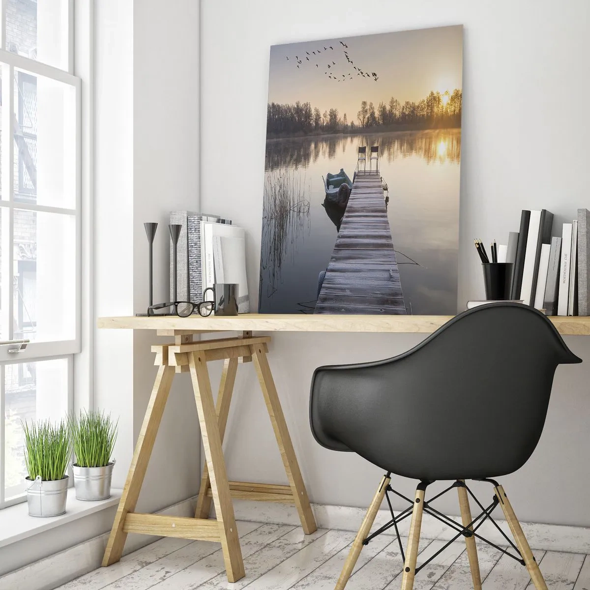 Obraz na szkle - Poranek nad jeziorem z pomostem - 50x70cm - Wrócę za jakiś czas - Nowoczesna dekoracja ścienna do salonu, kuchni i sypialni ARTTOR