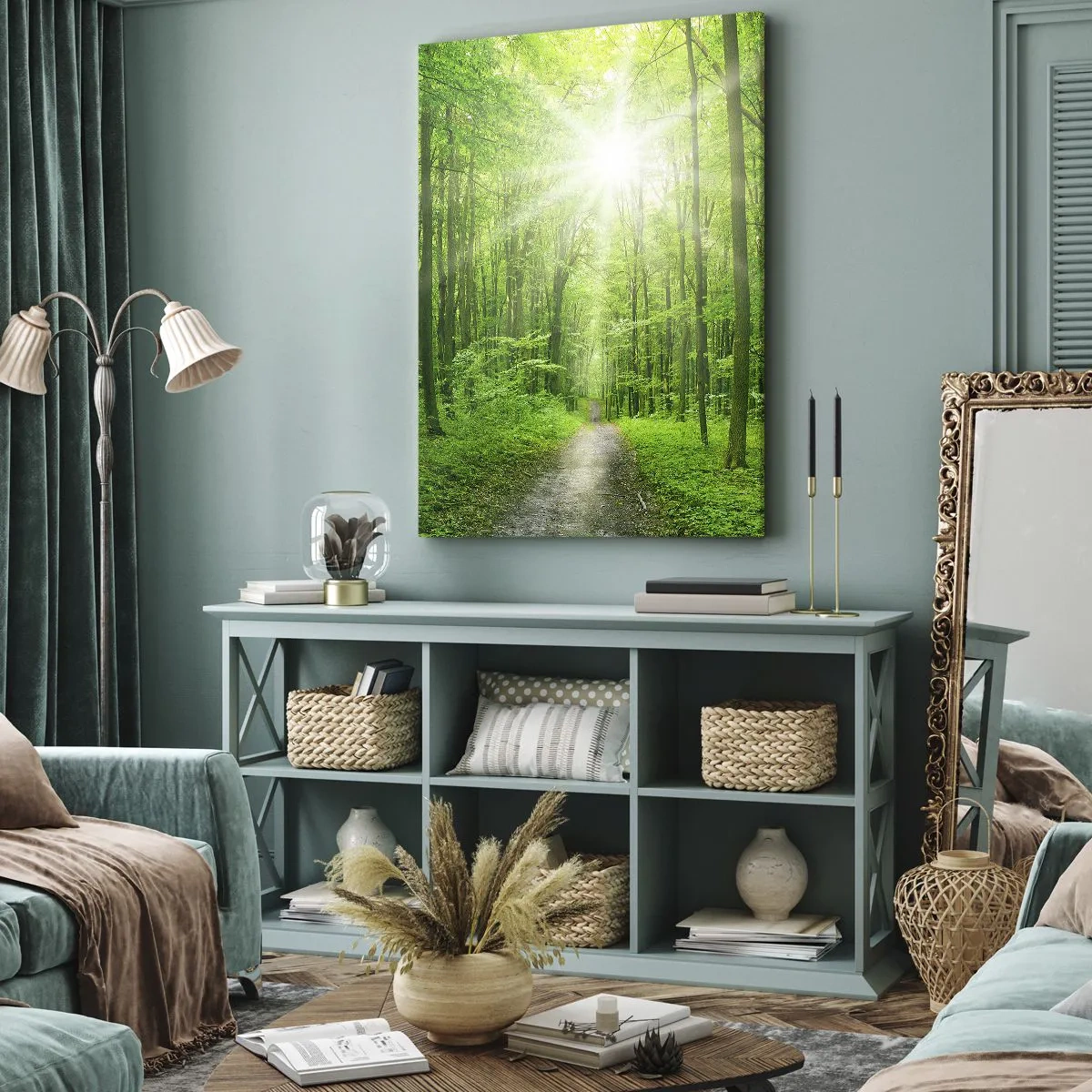 Obraz na płótnie - Leśna ścieżka w promieniach słońca - 50x70cm - Zielona katedra - Nowoczesna dekoracja ścienna do salonu, kuchni i sypialni ARTTOR