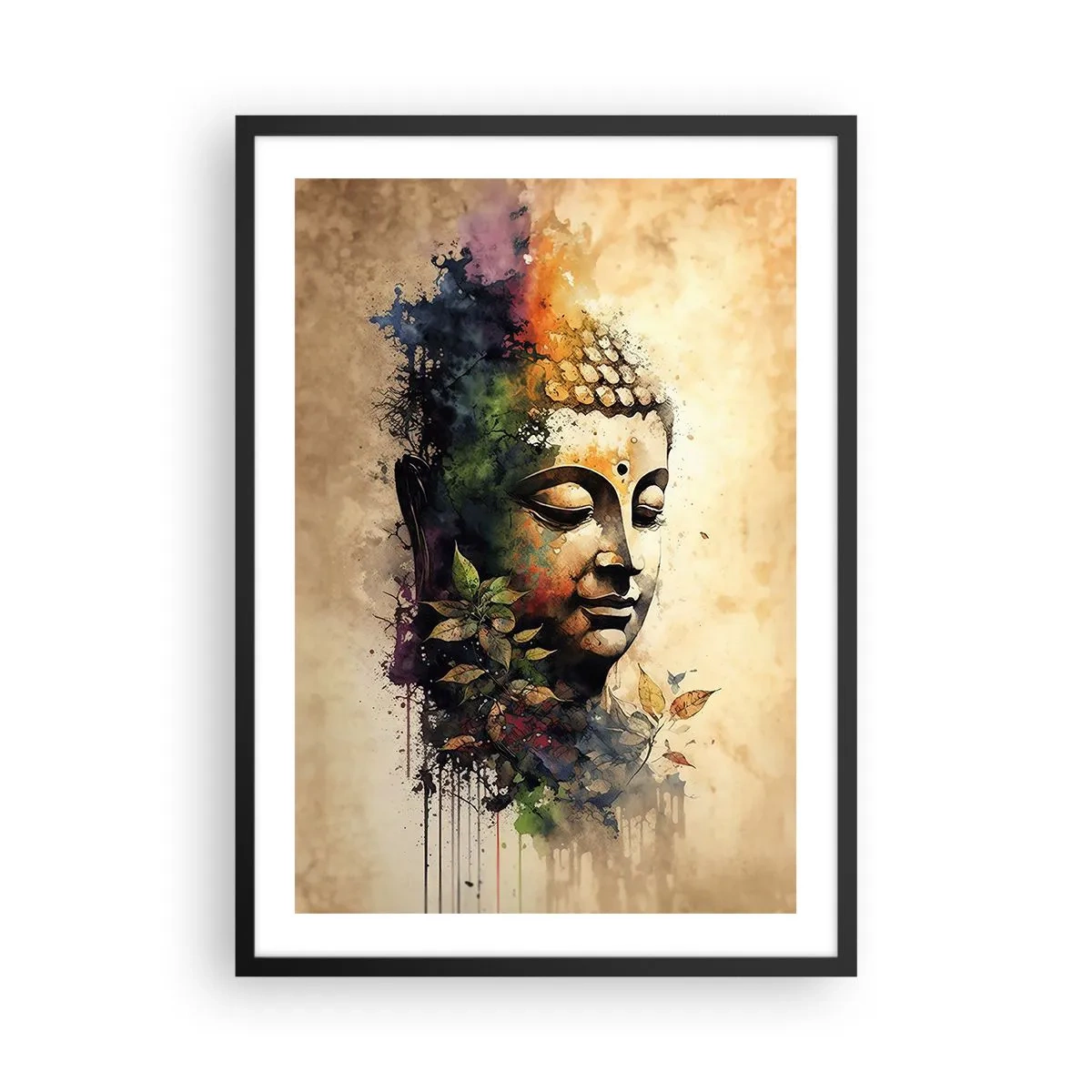 Plakat w czarnej ramie - Kolorowy portret Buddy w artystycznym stylu akwarelowym - 50x70cm - Namaste! - Nowoczesna dekoracja ścienna do salonu i sypialni ARTTOR