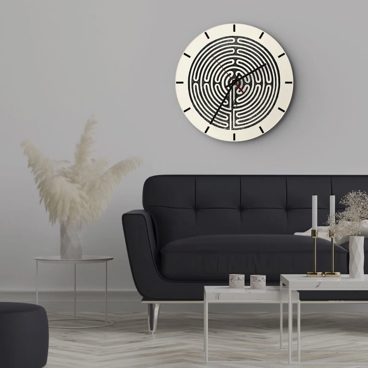 Zegar ścienny - Czarnobiały labirynt o geometrycznym układzie na jasnym tle - 30x30cm - Tajemniczy porządek - Nowoczesna dekoracja ścienna do salonu, kuchni i sypialni ARTTOR