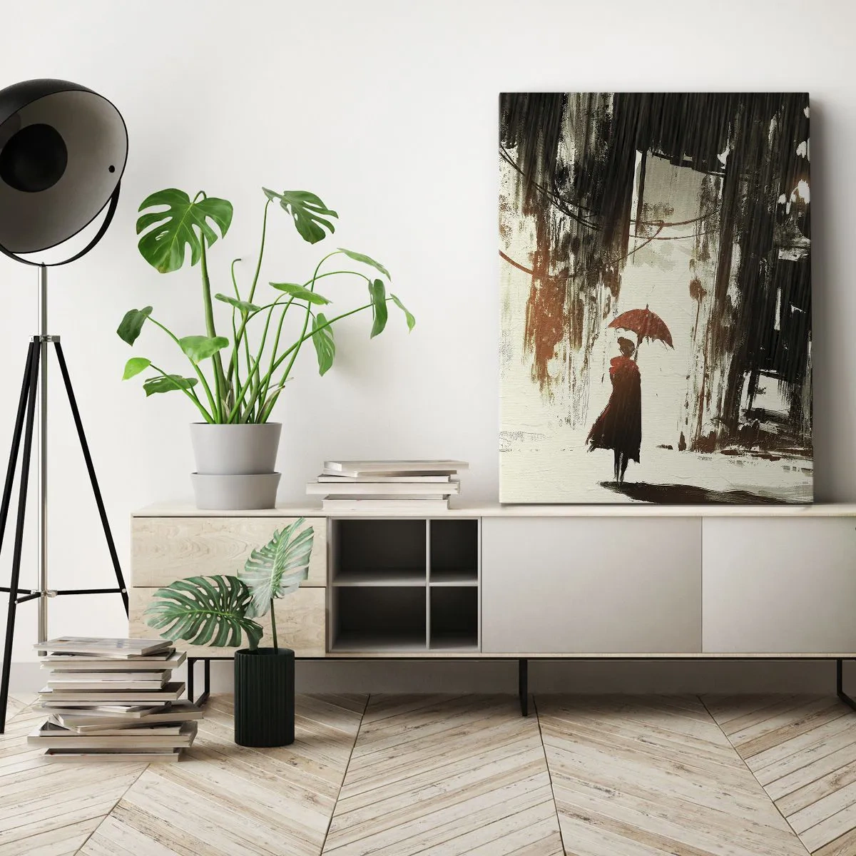 Obraz na płótnie - Postać z parasolem w deszczowej abstrakcyjnej scenerii - 50x70cm - Poezja czerwonego parasola - Nowoczesna dekoracja ścienna do salonu, kuchni i sypialni ARTTOR