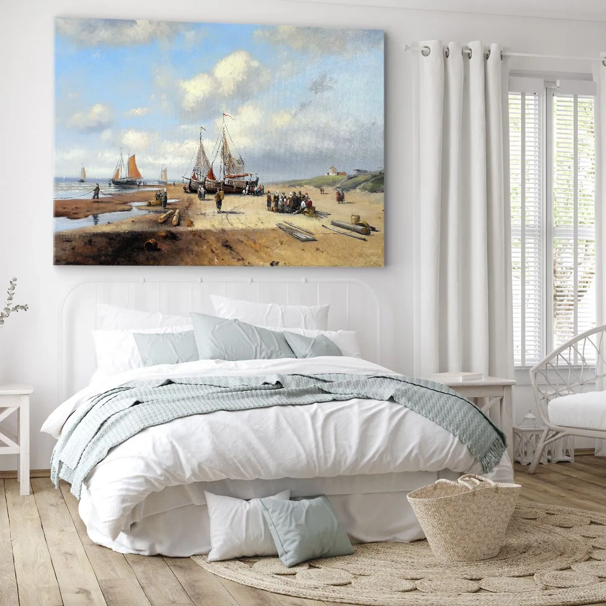 Obraz na płótnie - Rybackie łodzie na plaży z postaciami ludzi - 70x50cm - Po udanym połowie - Nowoczesna dekoracja ścienna do salonu i sypialni ARTTOR
