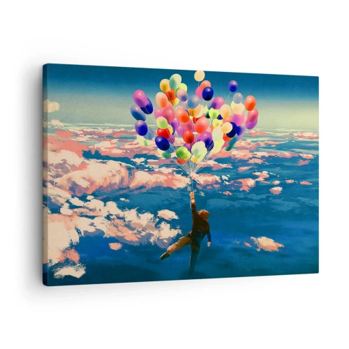 Obraz na płótnie - Postać unosząca się z kolorowymi balonami ponad chmurami - 70x50cm - Spełnione marzenie dzieciństwa - Nowoczesna dekoracja ścienna do salonu i sypialni ARTTOR