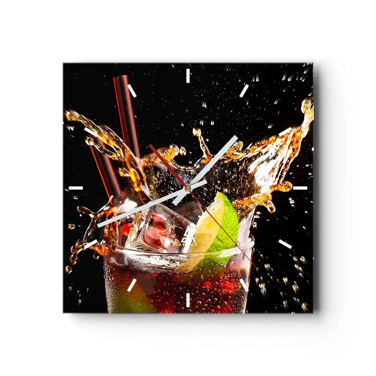 Zegar ścienny - Szklanka z napojem, limonką i lodem w chwili dynamicznego rozprysku - 30x30cm - Radość i energia kolorów - Nowoczesna dekoracja ścienna do salonu i sypialni ARTTOR