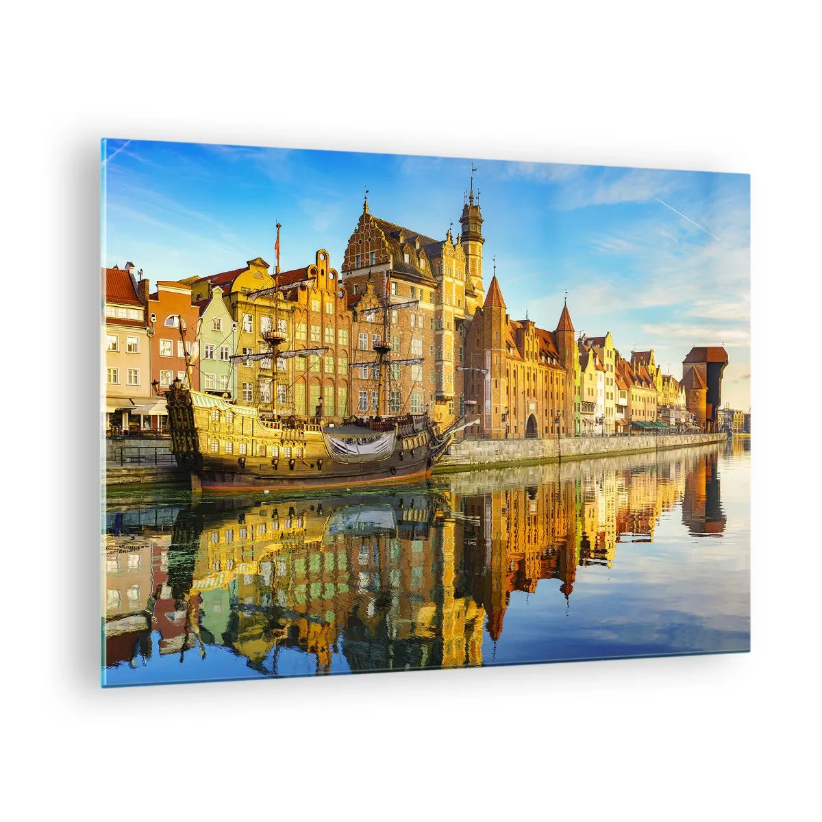 Obraz na szkle - Gdańska starówka z odbiciem w wodzie - 70x50cm - Lustrzane odbicie przeszłości - Nowoczesna dekoracja ścienna do salonu i sypialni ARTTOR